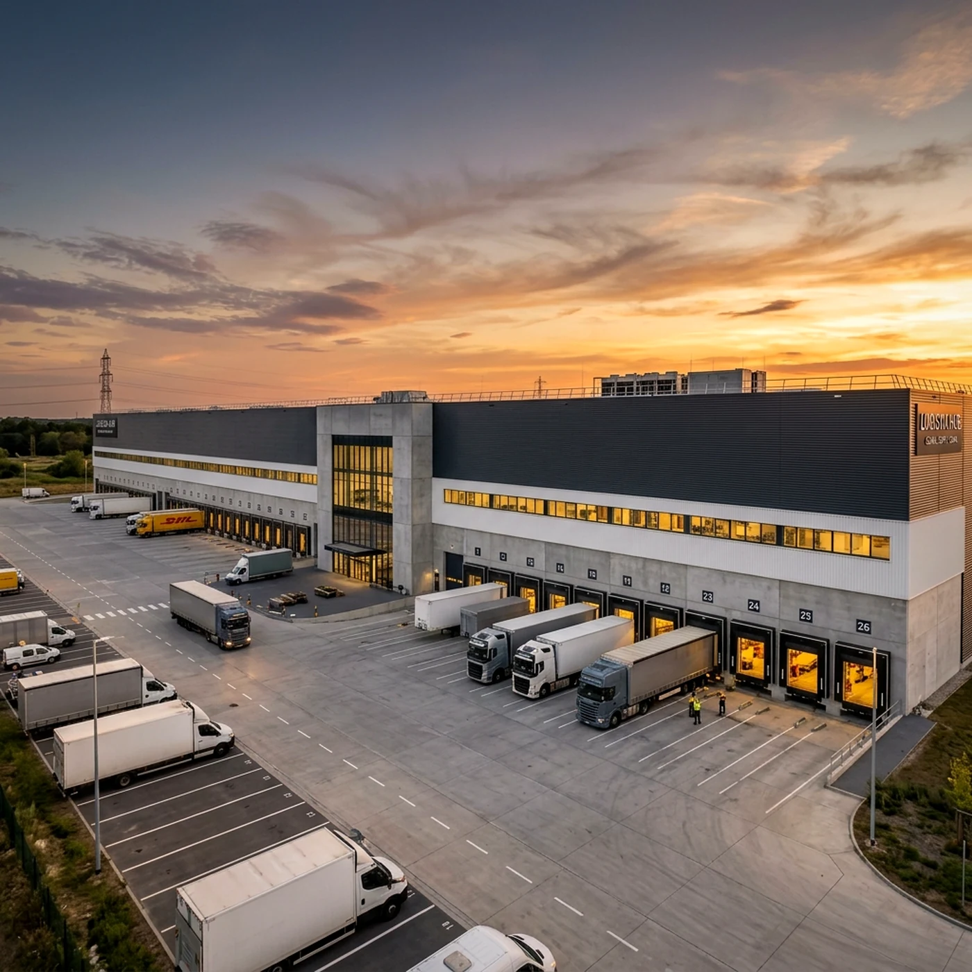 Commercial real estate photographer Melbourne — a distribution centre at dusk, dock doors lit warm along the length of the building with trucks on the apron