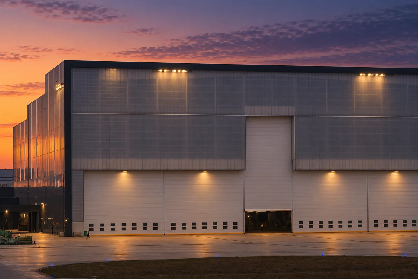 A commercial logistics facility at dusk, the facade lit from within (indicative dusk conversion)