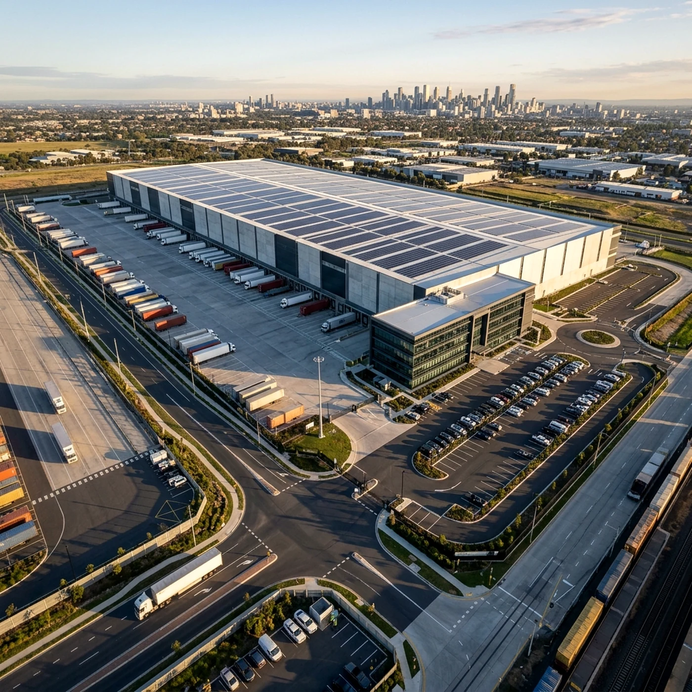 Commercial real estate photographer Melbourne — aerial of a large logistics and distribution facility, trailers lined along the dock face, with the city skyline beyond