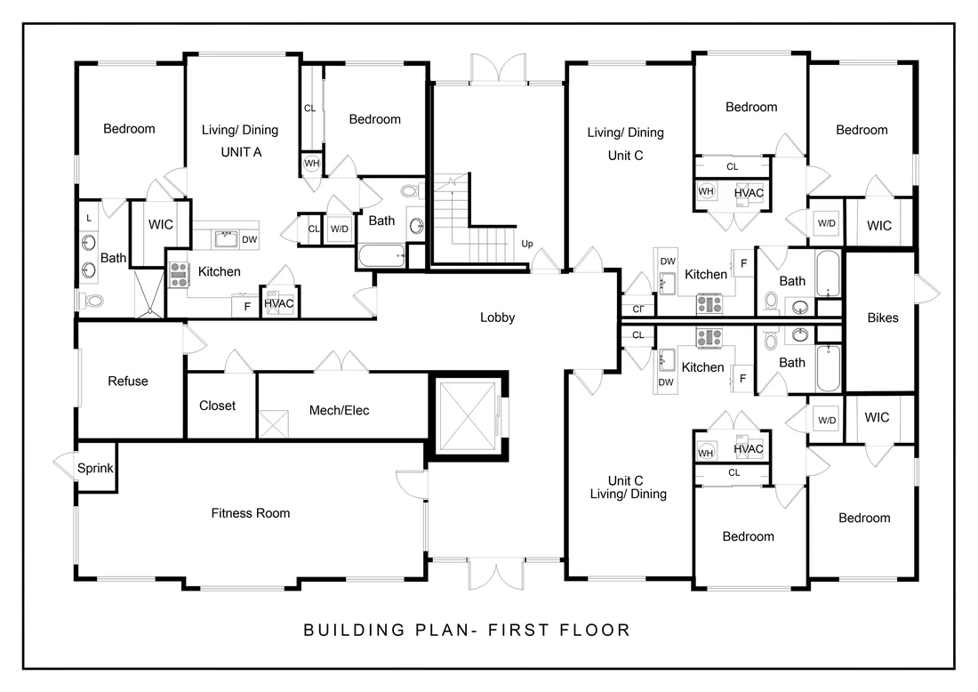 Commercial development floor plan — first-floor building plan of a multi-unit development with lobby, fitness room, services and unit layouts, drawn for a Melbourne developer