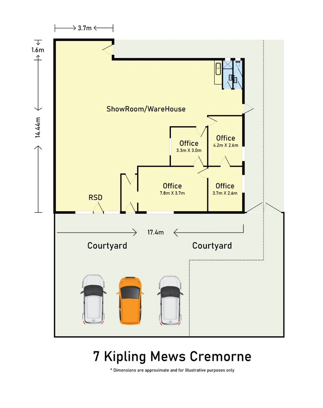 Precision commercial floor plan by a Melbourne commercial real estate photographer — 7 Kipling Mews, Cremorne: showroom and warehouse with four offices, amenities and a 17.4 metre courtyard, dimensioned to scale