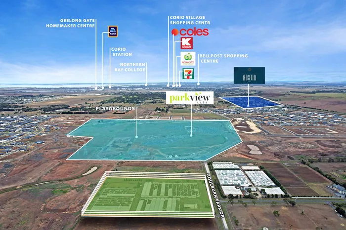 Aerial of a large land holding near Corio Village, Geelong, with parcels colour-separated and the surrounding retail and rail marked
