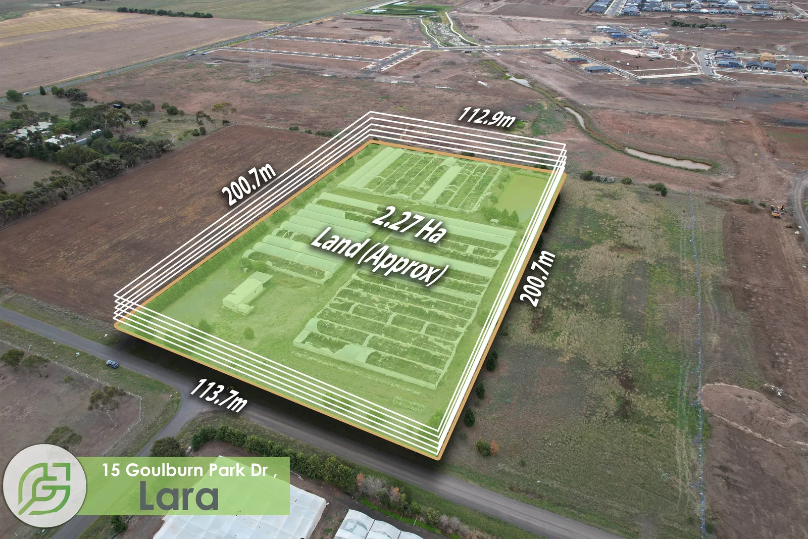 Aerial site plan of a 2.27 hectare land parcel at 15 Goulburn Park Drive, Lara, at dusk, with boundary dimensions of 112.9 m, 200.7 m and 113.7 m measured onto the shot
