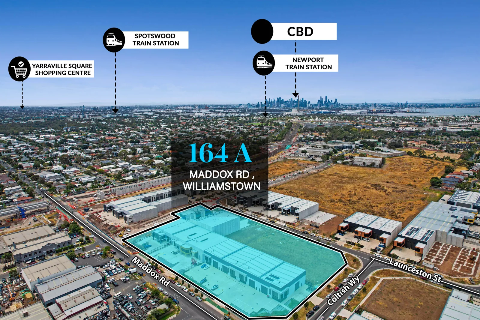 Williamstown industrial property aerial with subject site and nearby transport context marked