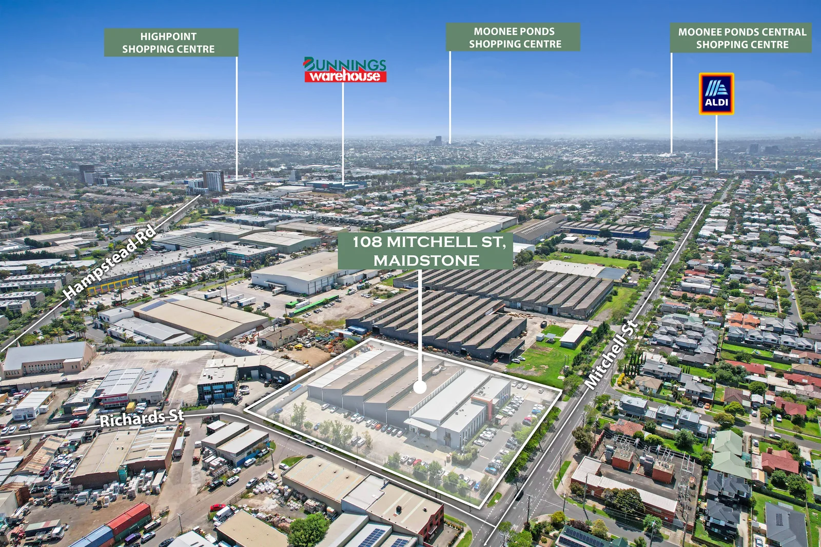 Maidstone industrial property aerial with surrounding retail and amenity context marked