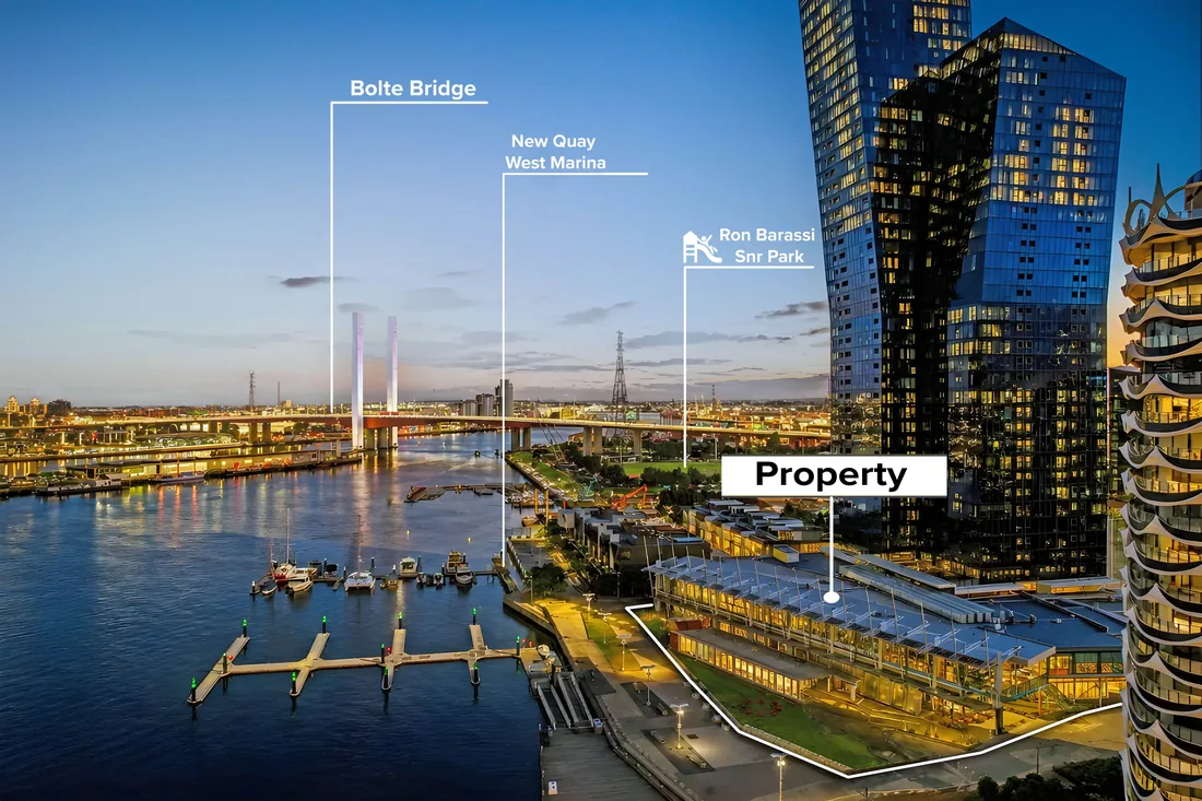 Aerial of a New Quay waterfront property in Melbourne with the Bolte Bridge, West Marina and Ron Barassi Senior Park marked by leader lines