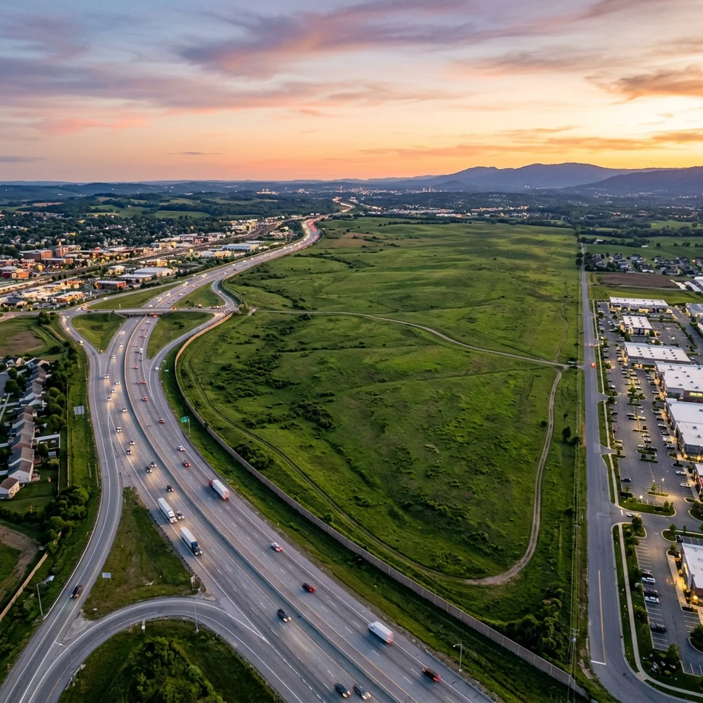 Development land beside a ring road at dusk in Melbourne&rsquo;s growth corridor
