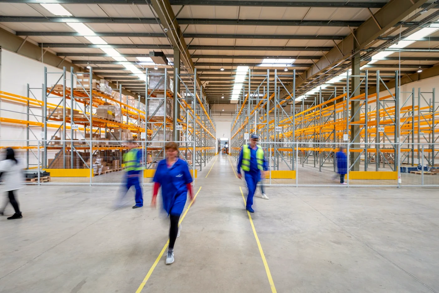 Commercial real estate photographer — logistics distribution warehouse aisle with pallet racking and staff in operation
